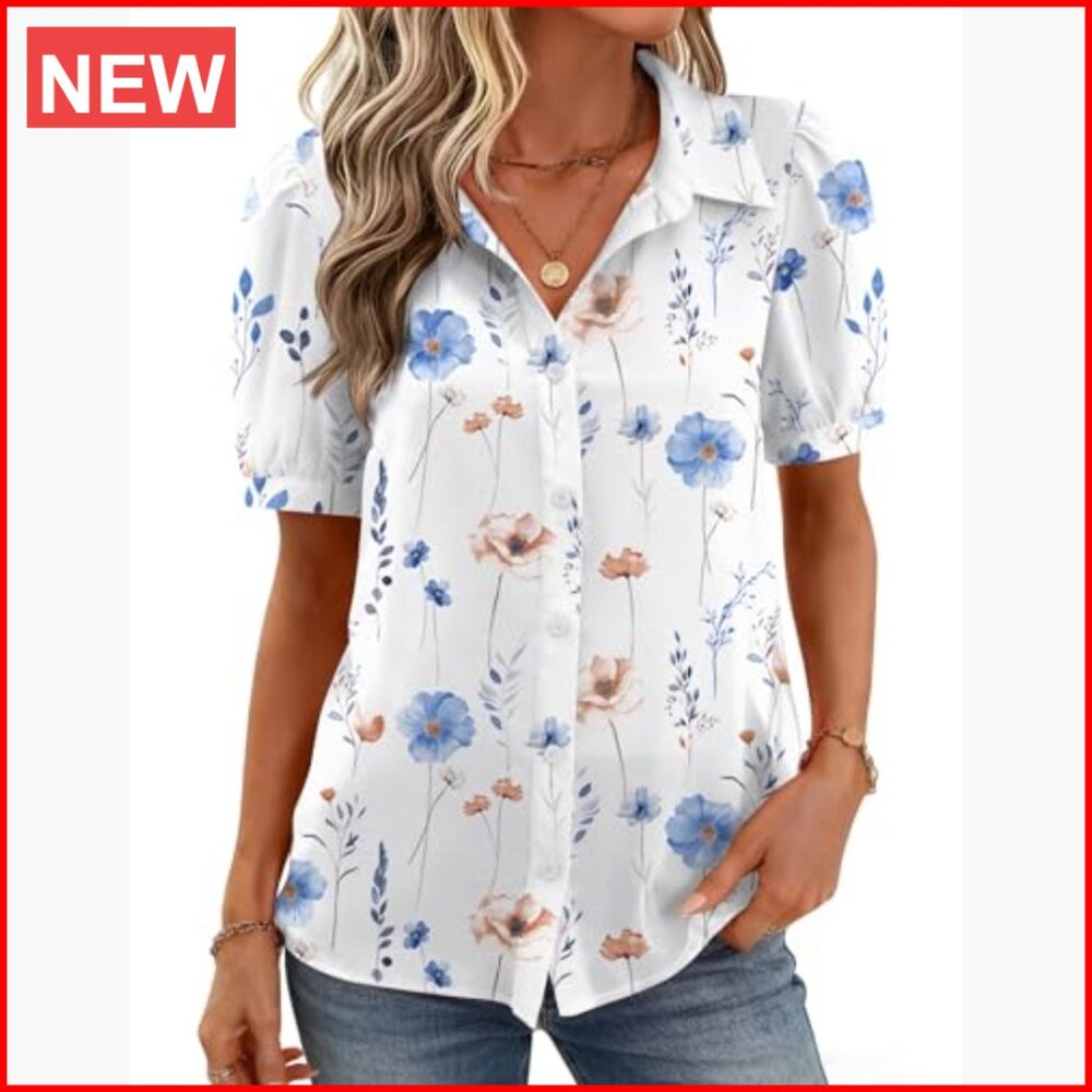 Polyester Chiffon Button Down Shirt Puff Short Sl… - image 2